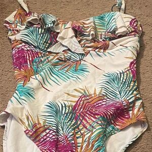 Tropical Leaf Ruffle One-Piece Swimsuit — White with Teal & Pink Print